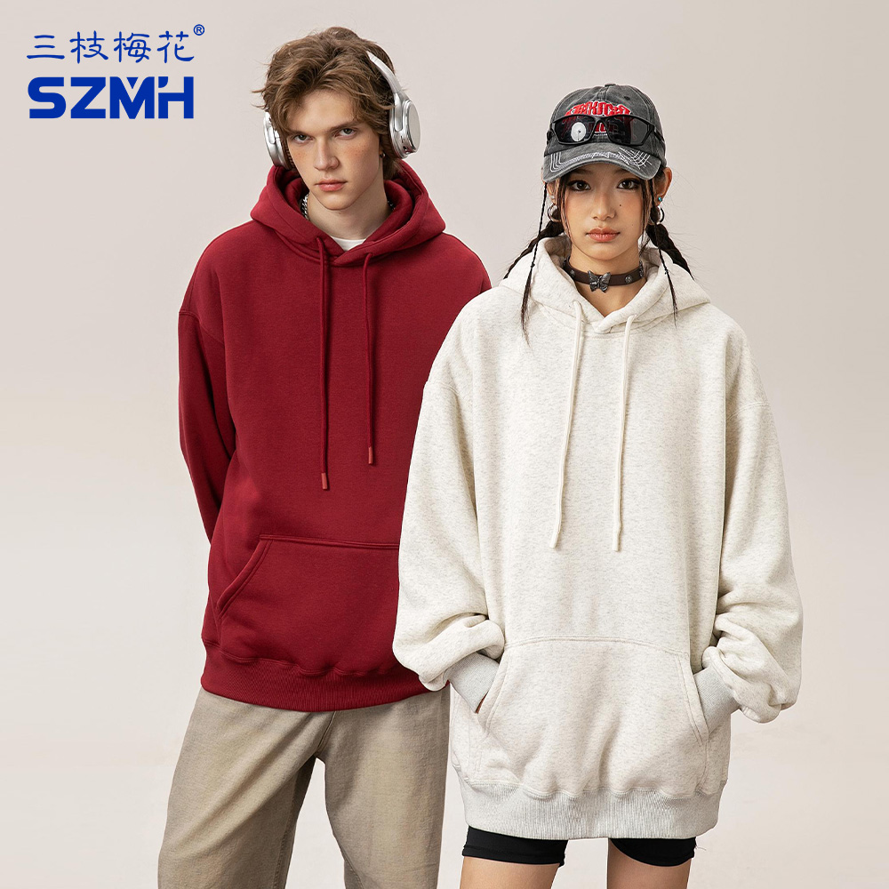 三枝梅花重磅连帽卫衣男女款宽松落肩套头衫情侣款秋冬休闲运动服