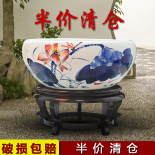 景德镇陶瓷鱼缸手绘桌面摆件风水大号养金鱼缸乌龟睡莲荷花盆 包邮