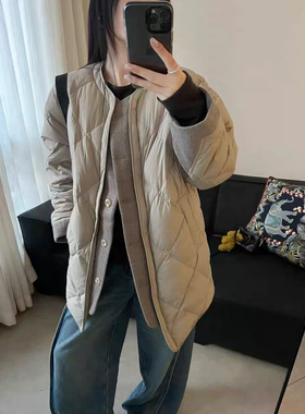 欧洲站2025冬季新款时尚设计感圆领长袖拼接单排扣菱格羽绒服外套