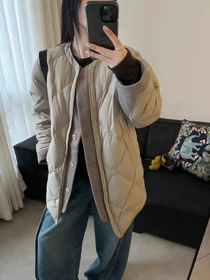 欧洲站2025冬季新款时尚设计感圆领长袖拼接单排扣菱格羽绒服外套