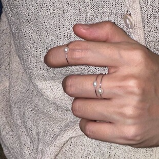 S925纯银纤细闪淡水珍珠法式复古银丝戒指小众精致轻奢气质食指戒