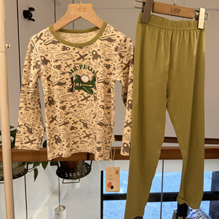实体现货 儿童居家服 秋衣秋裤套装 飞机印花上衣搭配素色裤子