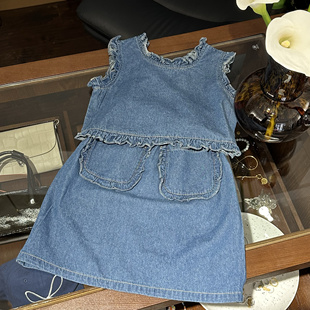 韩版童装女童牛仔套装2024夏季洋气儿童蓝色牛仔背心半身裙两件套