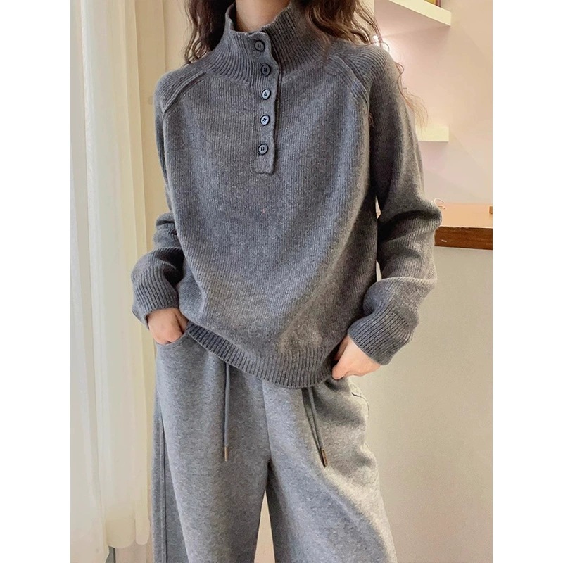 法式针织衫半开领纽扣设计高领毛衣女2025新款洋气百搭针织衫上衣