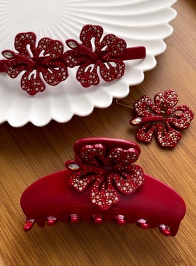 中国风法式高端红色新年新中式华丽之花圣诞节刘海边发夹山大发抓