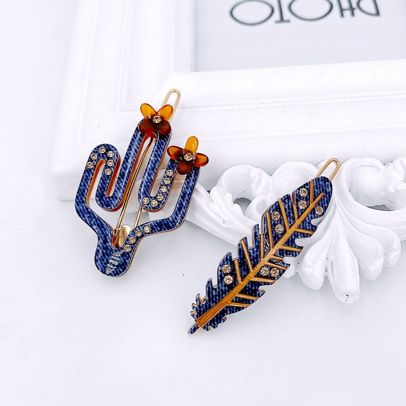 新品仙人掌边夹法式羽毛树叶水晶刘海别夹发夹亚历山大款青蛙扣