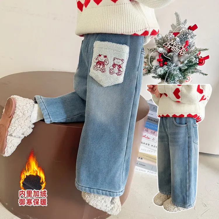 女童加绒牛仔裤直筒裤