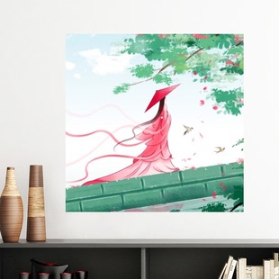 朱红映碧色中国古风插画墙贴壁纸房间贴花