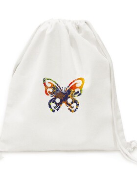 橘蓝色蝴蝶动物剪影涂鸦帆布背包购物旅行双肩拉带抽绳书包礼物