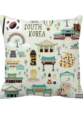 韩国旅行手绘沙发靠垫方形抱枕