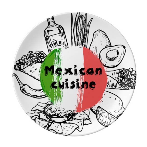 墨西哥饮食文化线描图案陶瓷餐盘子8寸月光盘餐具家居礼物