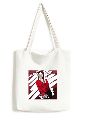 酷女孩手绘插画服饰白色单肩帆布包手提袋时尚环保袋礼物