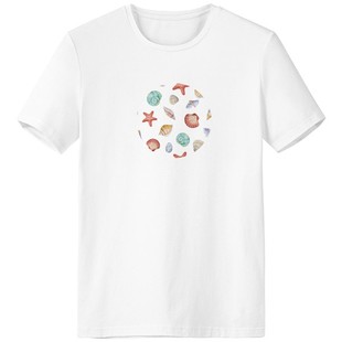 T恤衫 彩色扇贝海洋生物插画男女白色短袖 T恤创意纪念衫 个性 礼物