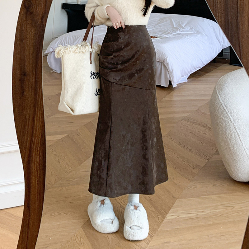 有货鱼尾皮裙女2025秋冬新款中长款半身裙pu皮裙褶皱百搭半裙