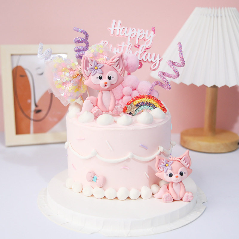 网红女明星琳娜贝儿蛋糕摆件川沙妲己粉色可爱小狐狸女孩蛋糕插牌