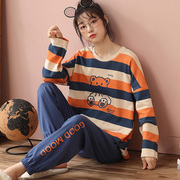 Pajamas women's spring and autumn long-sleeved cotton suits light sports stripes can be worn outside autumn and winter 100% cotton home clothes