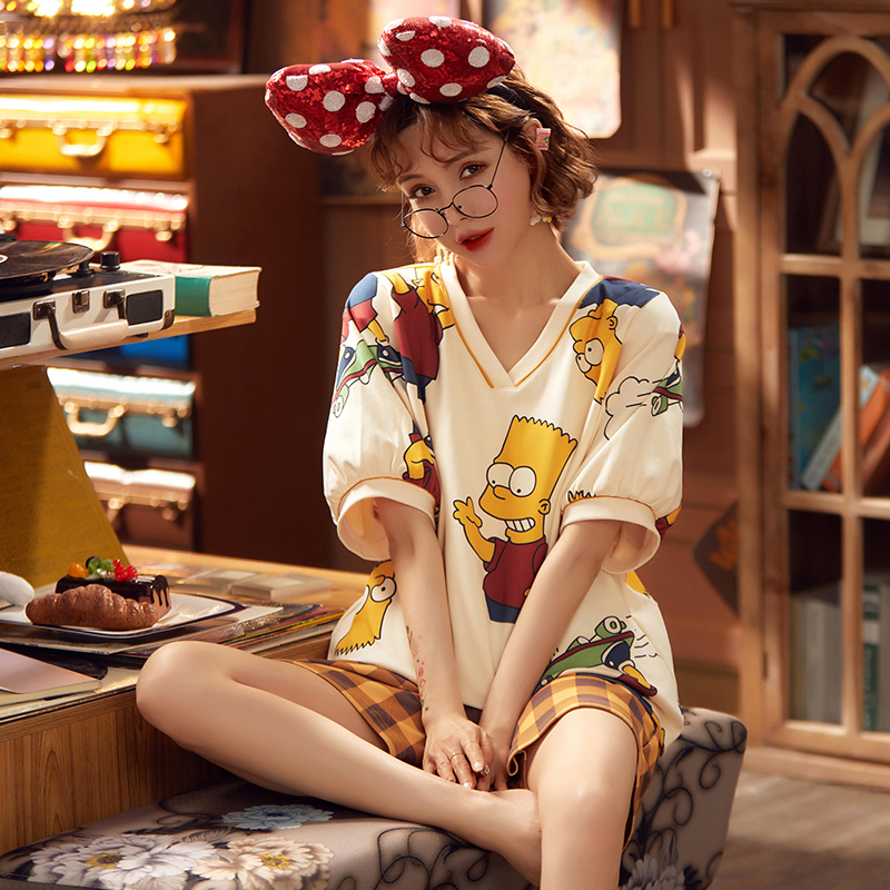 睡衣女夏季纯棉短袖卡通可爱V领时尚韩版网红春秋夏天薄款两件套