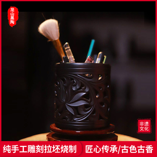 山东章丘龙山黑陶笔筒创意时尚书房纯手工陶瓷摆件多功能厂家直销