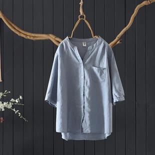 文艺百搭夏季 上衣女宽松显瘦麻杉包边 100%亚麻小V领纯色中袖 衬衫