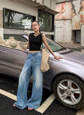 ROOZ【折痕擦色猫须】时尚水洗牛仔裤女宽松直筒拖地裤街头阔腿