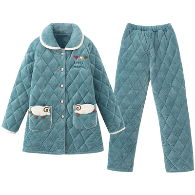 珊瑚绒睡衣女秋冬季三层棉袄加厚