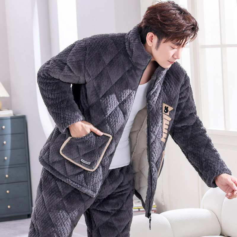 男士珊瑚绒夹棉加厚加绒睡衣冬季