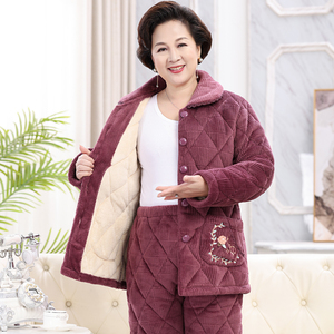 睡衣女冬季中老年法兰绒保暖妈妈加厚珊瑚绒夹棉家居服套装秋冬款