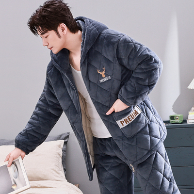 加长款连帽睡衣男士秋冬季珊瑚绒