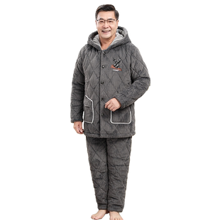睡衣男士秋冬季三层加厚加绒珊瑚绒夹棉中老年保暖爸爸家居服套装