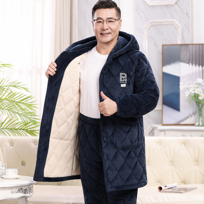 加长款连帽睡衣秋冬季男士夹棉保暖棉加绒加厚中老年人爸爸家居服