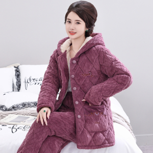 中老年睡衣女士珊瑚绒三层夹棉加厚加绒连帽套装保暖家居服秋冬款