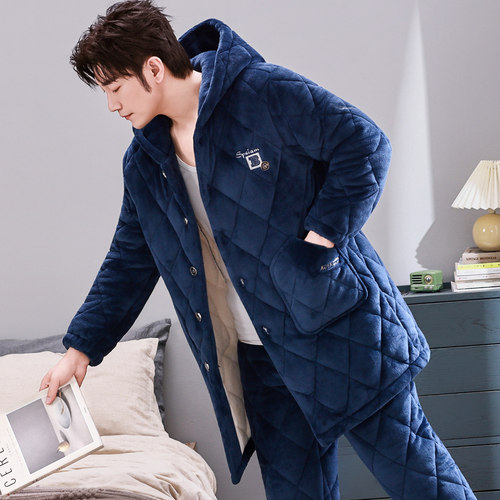 加长款连帽睡衣男士秋冬季三层加厚加绒珊瑚绒夹棉保暖家居服套装