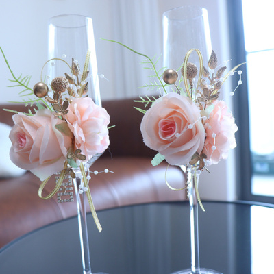 原创森系婚礼红色香槟色新郎新娘结婚礼敬酒杯装饰花酒杯花宴会