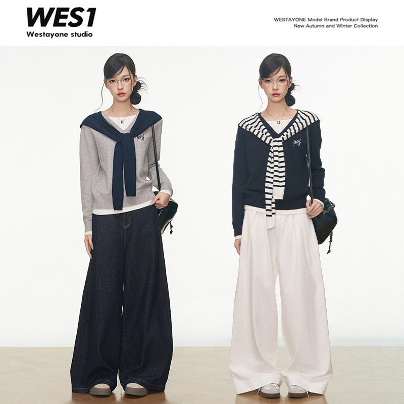【小敏推荐】WESTAYONE 假两件针织上衣女韩系通勤+牛仔裤