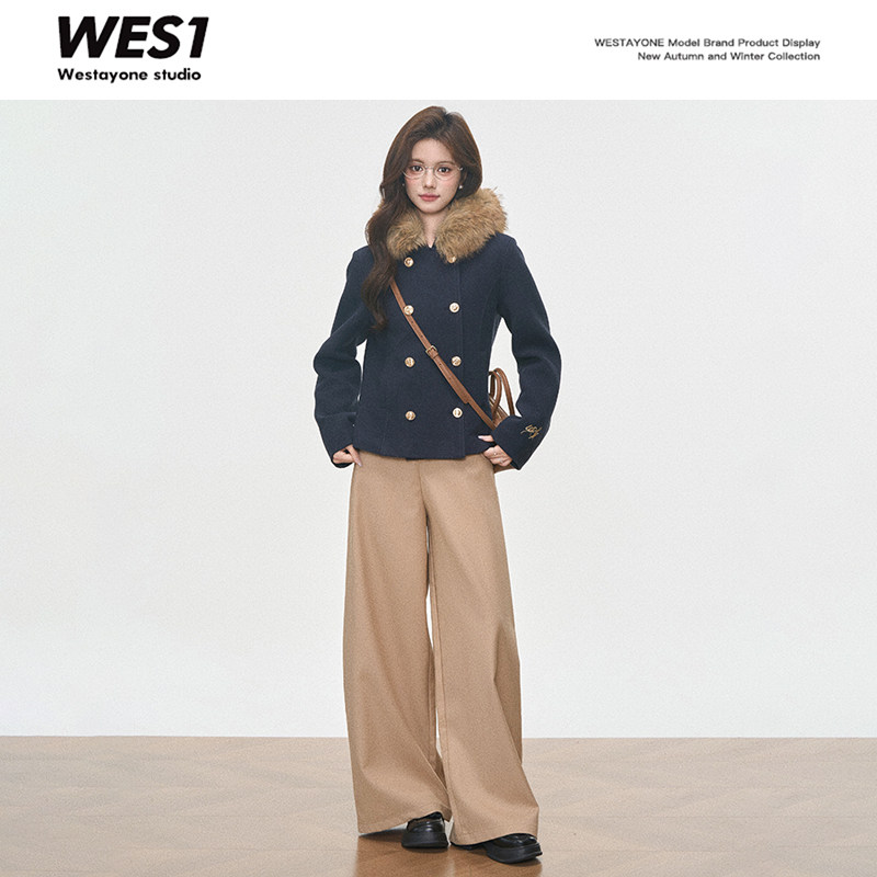 【妧雪呀】WESTAYONE 短款保暖加厚毛呢新款外套毛领棉服+阔腿裤