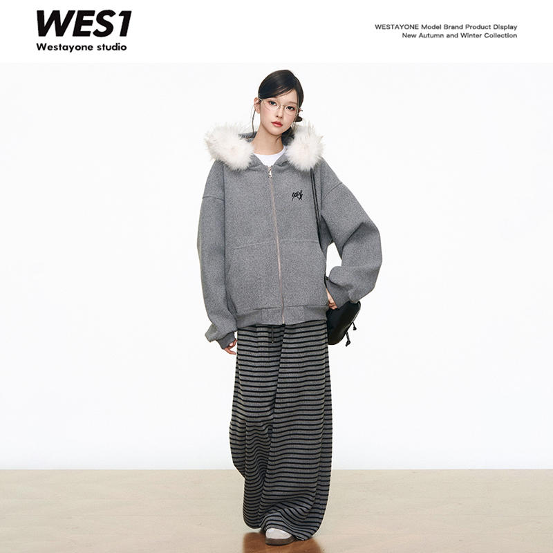 【柒柒Moon直播间】WESTAYONE毛领毛呢外套女慵懒感+灰色条纹裤