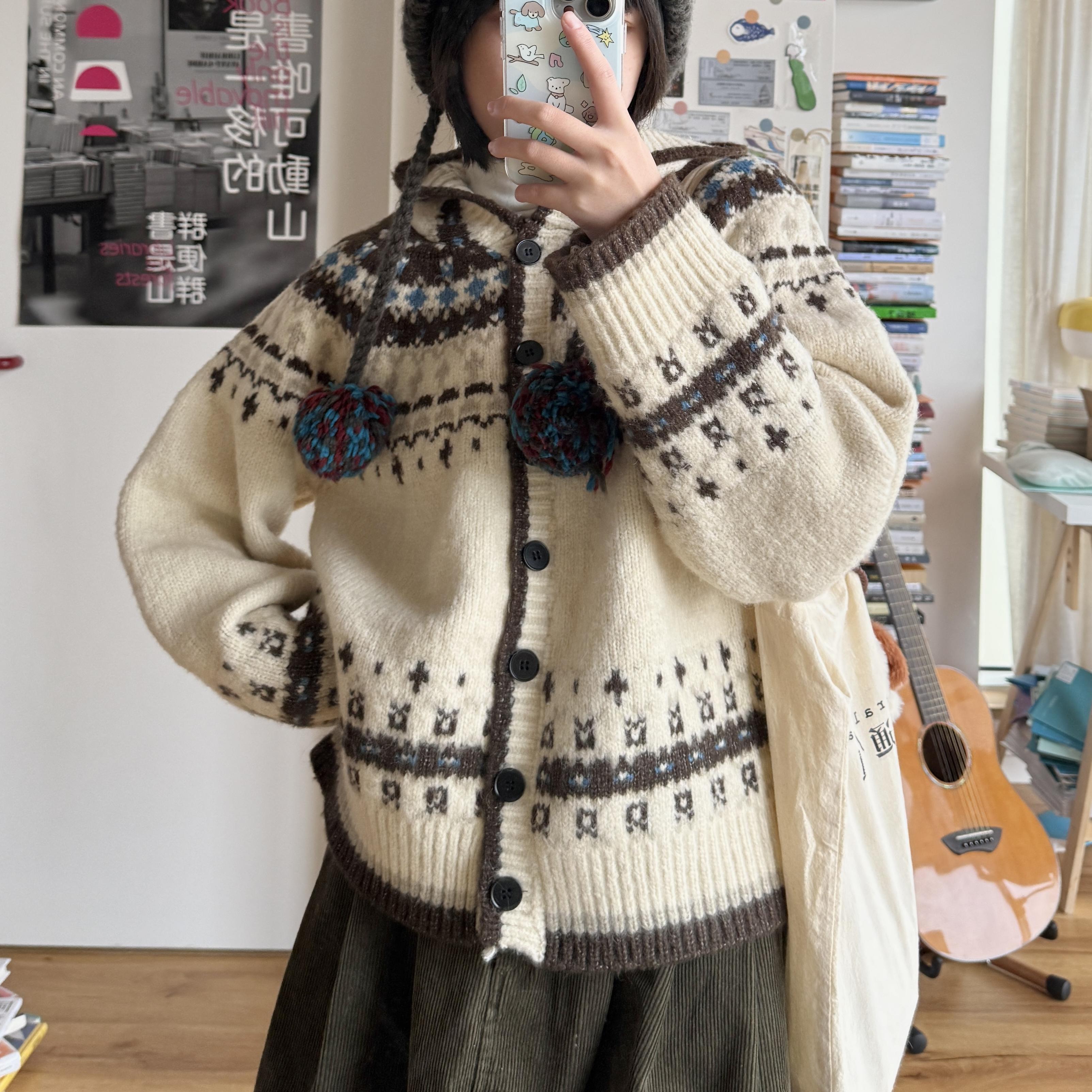 困住大象连帽复古宽松毛衣