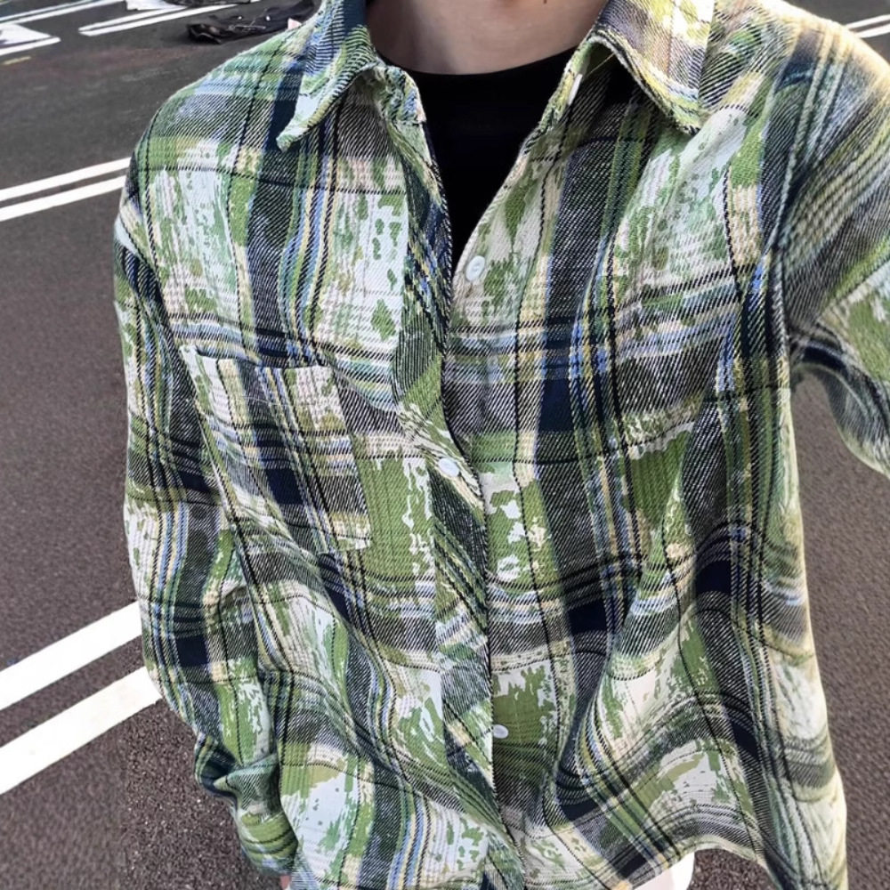 扎染绿色格子衬衫男款长袖秋季衬衣设计感美式外套|