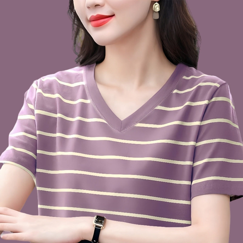 妈妈夏装上衣纯棉条纹短袖t恤女装中老年大码宽松洋气内搭体恤衫H
