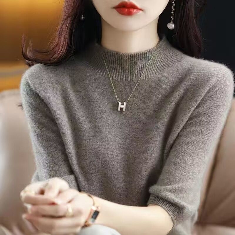 半高领五分袖针织衫女打底衫套头内搭半袖T恤百搭外穿薄上衣|