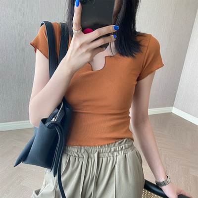 高腰露肚脐卷边夏季纯棉短款t恤女短袖辣妹修身正肩上衣