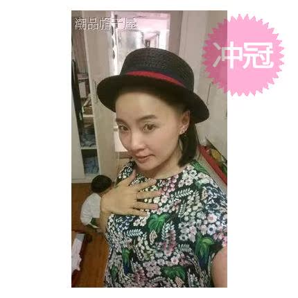 韩版夏天街拍潮男女黑色拉菲草辫遮阳防晒爵士休闲平顶平边草帽