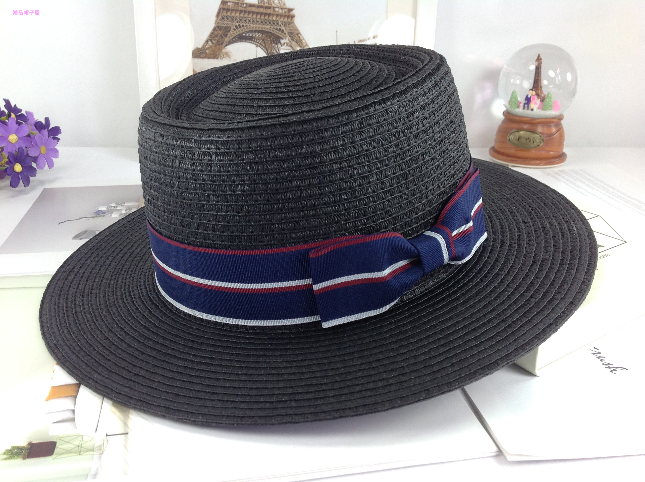 英伦赫本小香门襟黑色凹顶平边宽边礼帽牛仔绅士草帽遮阳休闲优雅