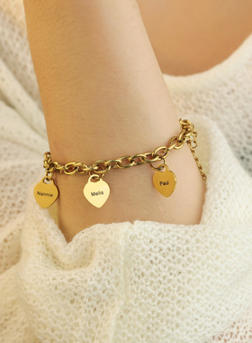 Customized bracelet 刻字小桃心金色个性手镯不锈钢可刻字手链送