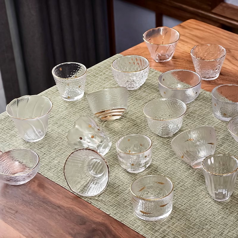日式初雪金边小杯子锤纹玻璃主人杯透明酒杯清酒杯一口杯功夫茶杯