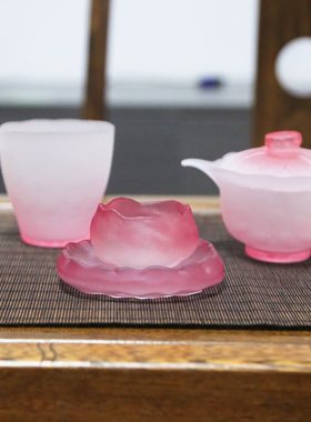 粉色琉璃茶杯冰冻烧磨砂玻璃杯