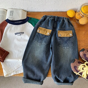 韩版中大童牛仔裤男女童宽松休闲长裤春季儿童百搭深色牛仔直筒裤