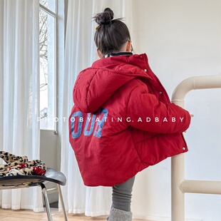 冬季韩系男孩连帽纯色后背字母印花连帽棉服外套女孩新年红面包服