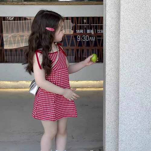 女童吊带裙甜美夏季红格连衣裙