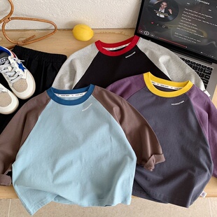 儿童韩版撞色插肩袖长袖T恤衫男女童圆领磨毛打底衫春秋宽松上衣